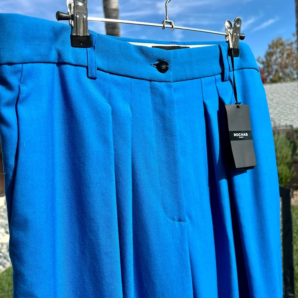 Rochas Wool Trousers Royal Blue Wide Leg Pleated Pants Size 48 US 12 X Large NWT